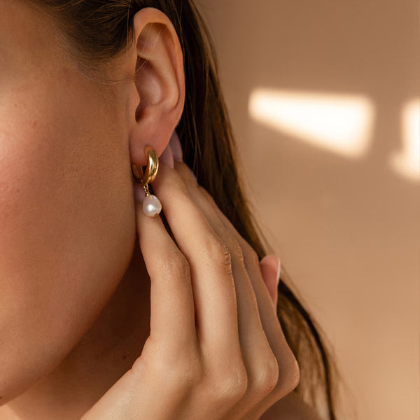 Yewelorat Pearl Drop Hoop Earrings